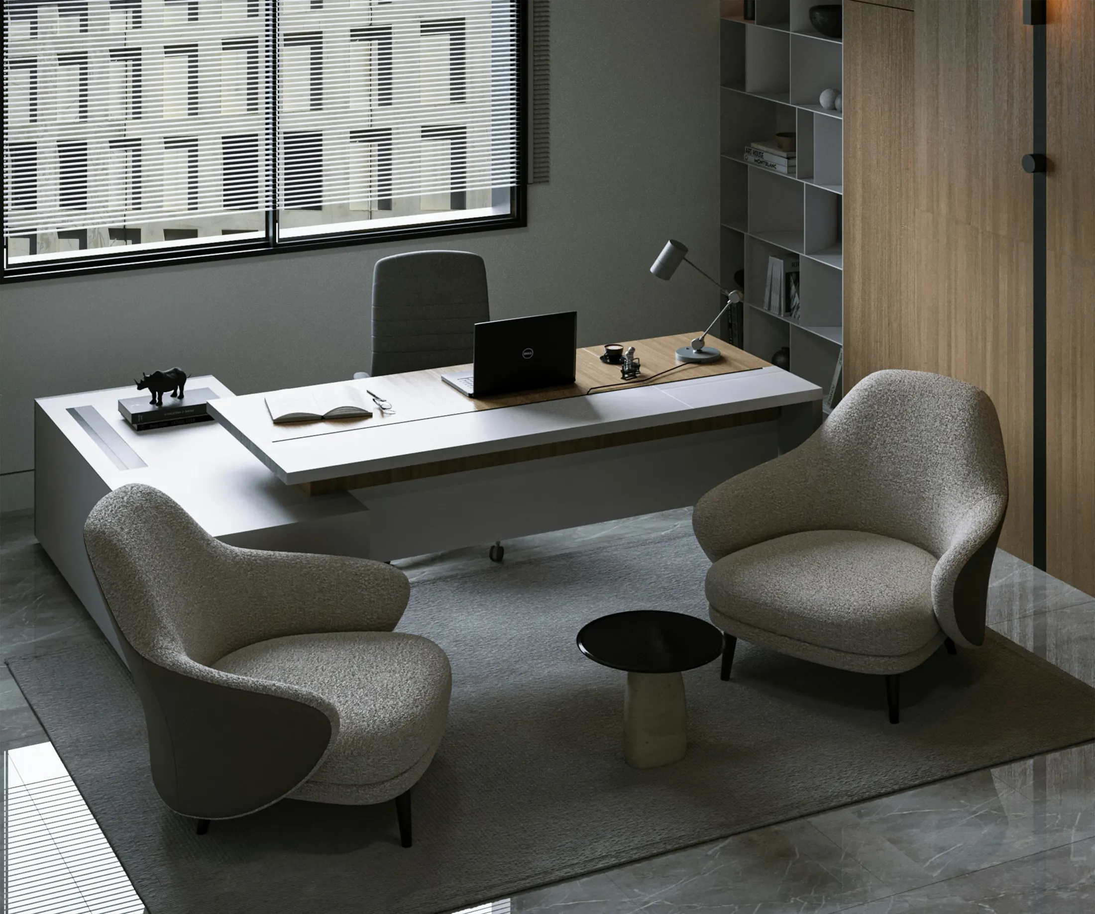 Modern office furniture arranged in a commercial workspace